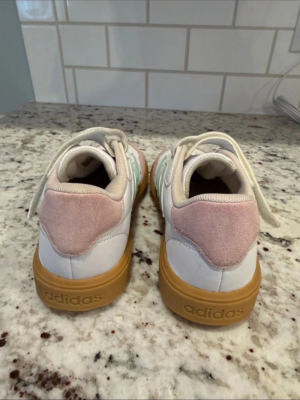 adidas Kids White Sneakers with Pink Accents and Mint Stripes